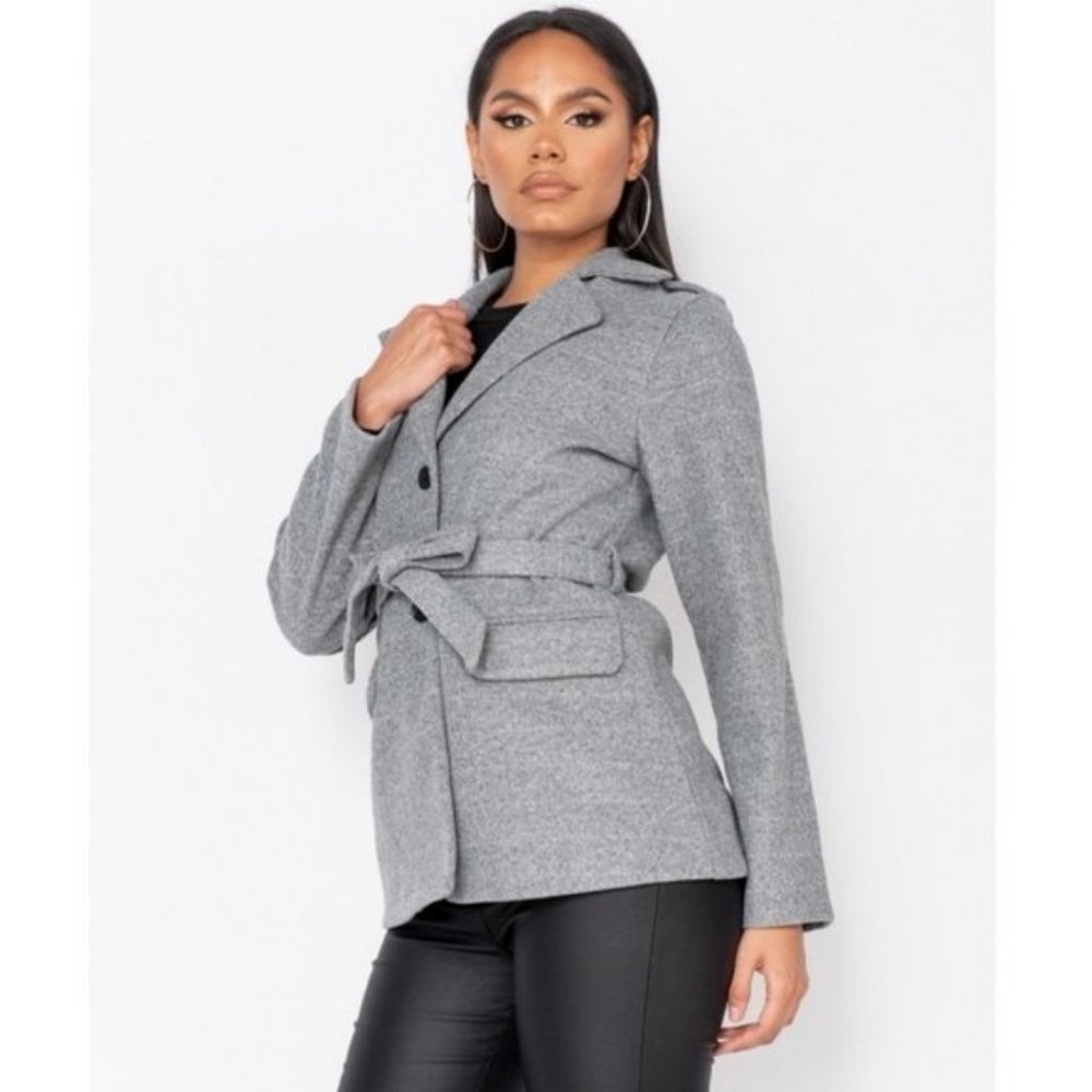 Gray Wool Blend Long Sleeve Belted Jacket - Picture 3 of 10